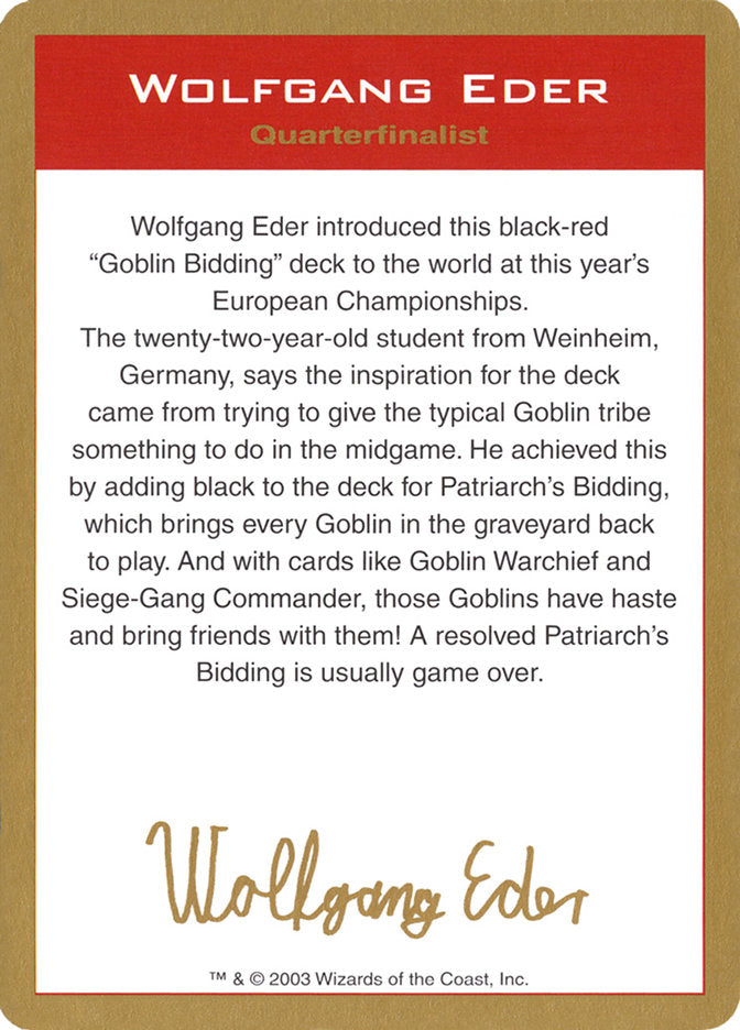 Wolfgang Eder Bio [World Championship Decks 2003] | Shuffle n Cut Hobbies & Games