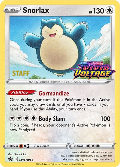 Snorlax (SWSH068) (Staff Prerelease Promo) [Sword & Shield: Black Star Promos] | Shuffle n Cut Hobbies & Games