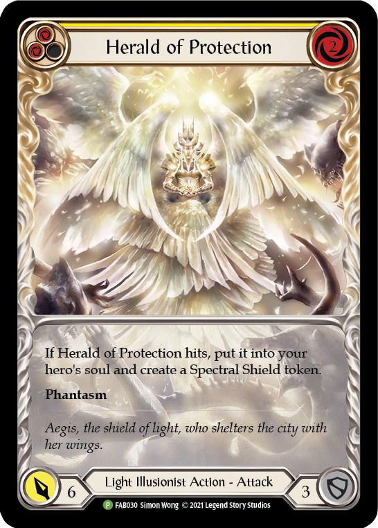 Herald of Protection (Yellow Extended Art) [FAB030] (Promo)  Rainbow Foil | Shuffle n Cut Hobbies & Games