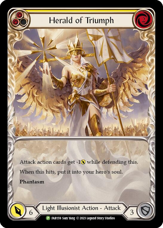 Herald of Triumph (Yellow) [FAB159] (Promo)  Rainbow Foil | Shuffle n Cut Hobbies & Games