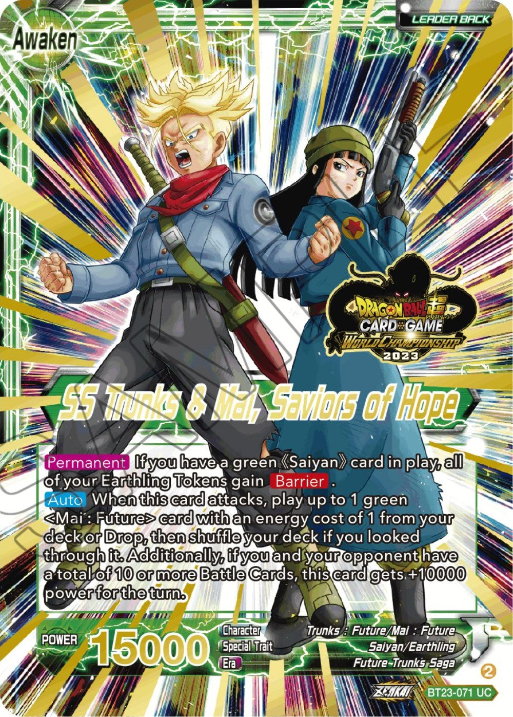 Trunks & Mai // SS Trunks & Mai, Saviors of Hope (2023 Worlds ZENKAI 06 Leader Set) (BT23-071) [Tournament Promotion Cards] | Shuffle n Cut Hobbies & Games