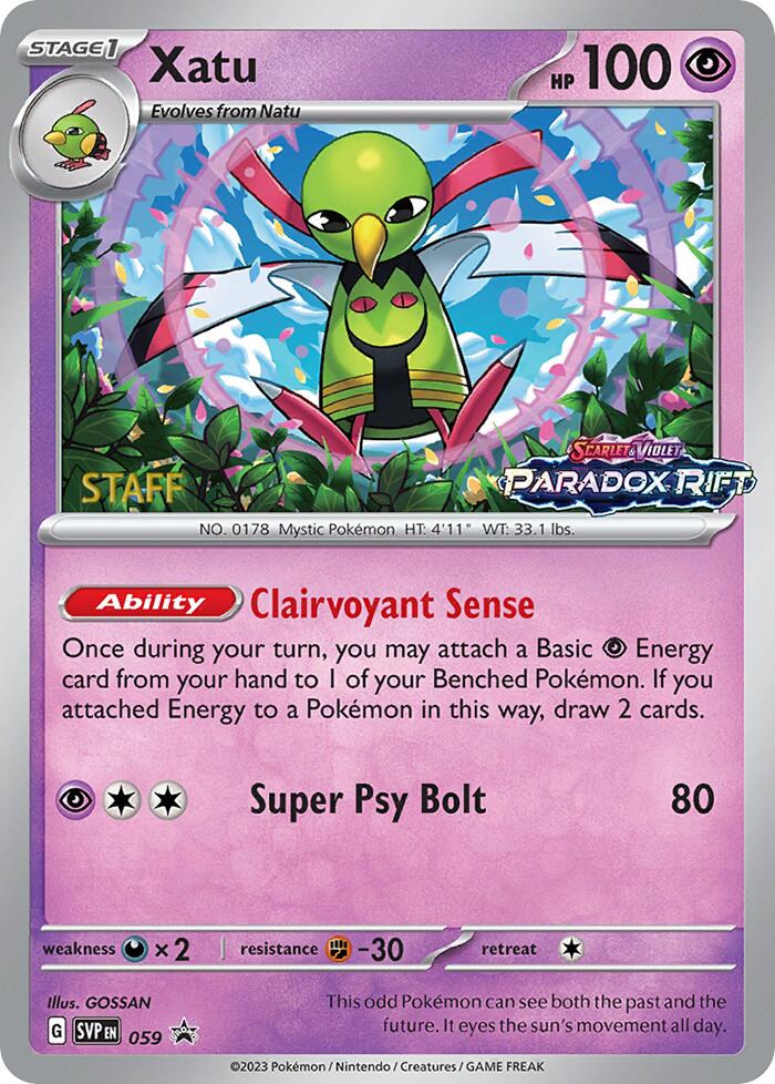 Xatu (059) (Staff Prerelease Promo) [Scarlet & Violet: Black Star Promos] | Shuffle n Cut Hobbies & Games