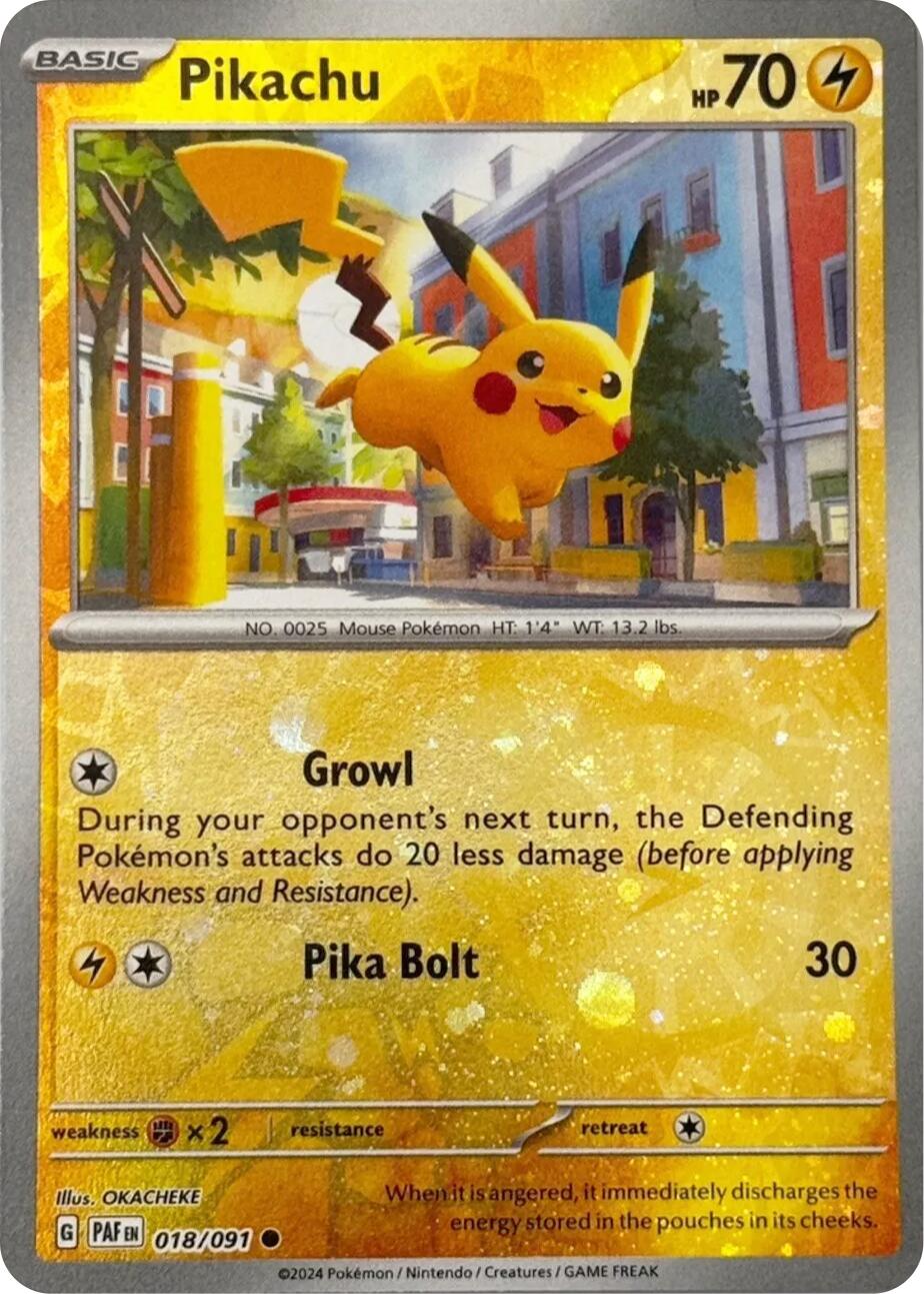 Pikachu (018/091) (Reverse Cosmos Holo) [Scarlet & Violet: Paldean Fates] | Shuffle n Cut Hobbies & Games