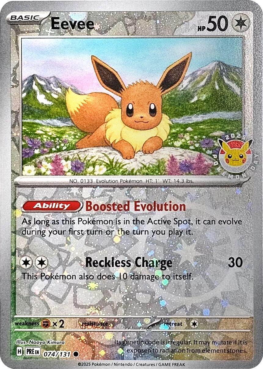 Eevee (074/131) (Pokemon Day 2025) (Reverse Cosmos Holo) [Scarlet & Violet: Prismatic Evolutions] | Shuffle n Cut Hobbies & Games