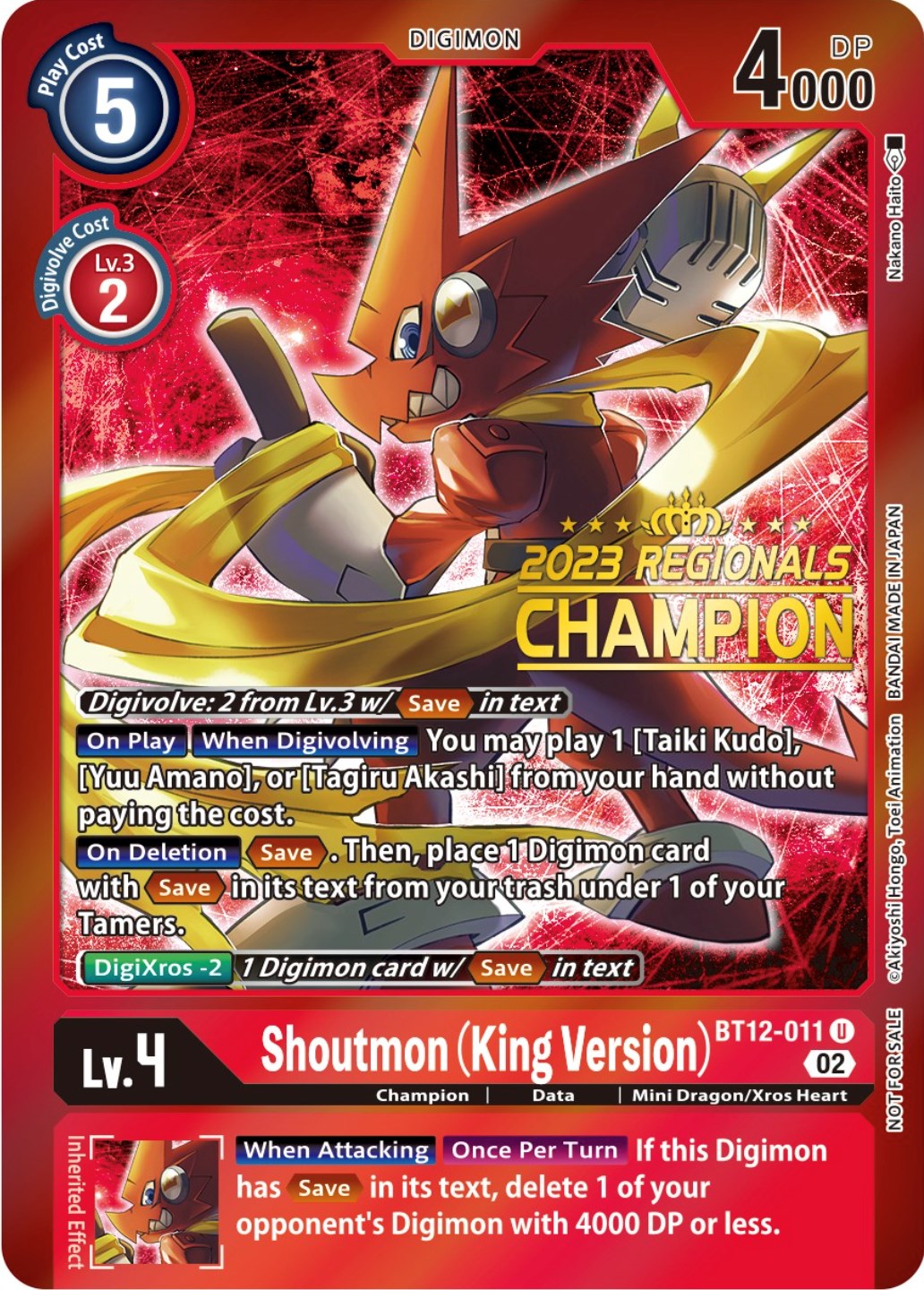 Shoutmon (King Version) [BT12-011] (2023 Regionals Champion) [Across Time Promos] | Shuffle n Cut Hobbies & Games