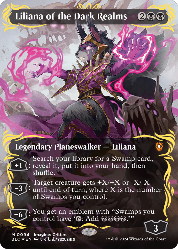 Liliana of the Dark Realms (Borderless) (Raised Foil) [Bloomburrow Commander] | Shuffle n Cut Hobbies & Games