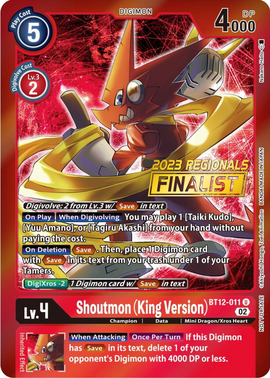 Shoutmon (King Version) [BT12-011] (2023 Regionals Finalist) [Across Time Promos] | Shuffle n Cut Hobbies & Games