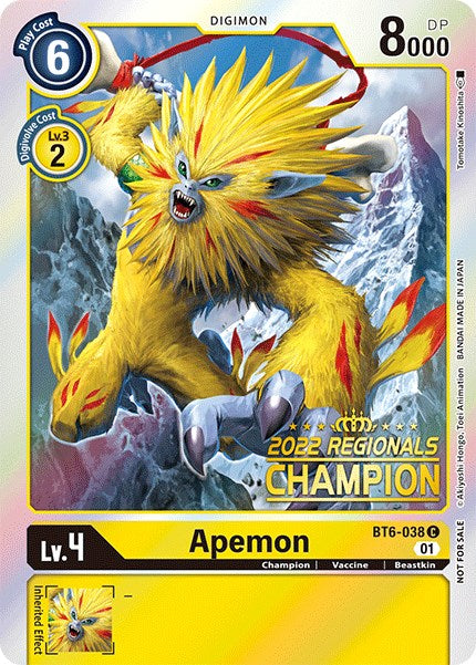 Apemon [BT6-038] (2022 Championship Online Regional) (Online Champion) [Double Diamond Promos] | Shuffle n Cut Hobbies & Games