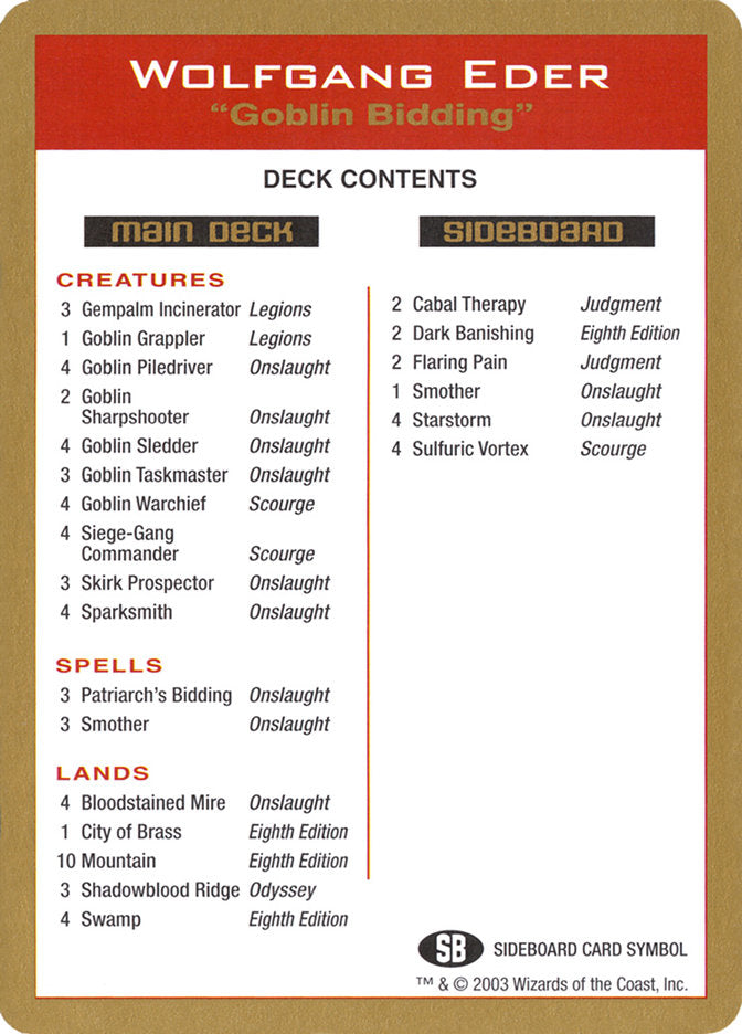 Wolfgang Eder Decklist [World Championship Decks 2003] | Shuffle n Cut Hobbies & Games