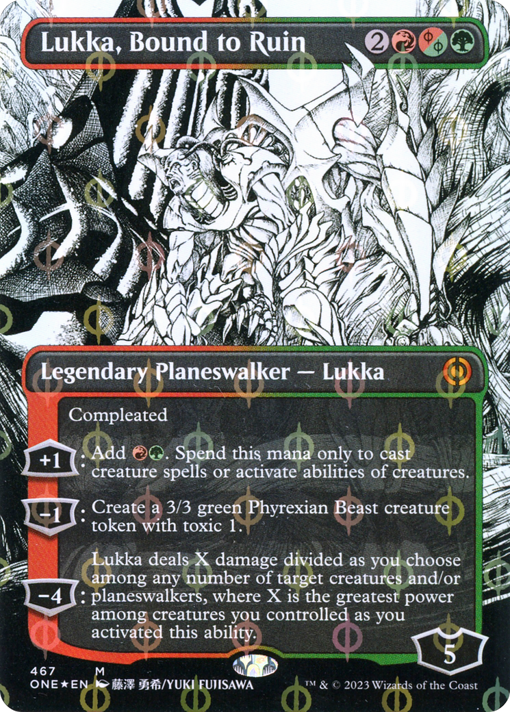 Lukka, Bound to Ruin (Borderless Manga Step-and-Compleat Foil) [Phyrexia: All Will Be One] | Shuffle n Cut Hobbies & Games