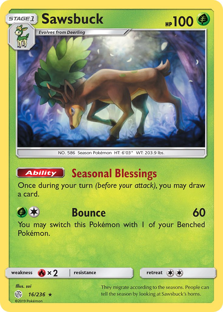 Sawsbuck (16/236) (Prerelease Kit Exclusive) (Theme Deck Exclusive) [Sun & Moon: Cosmic Eclipse] | Shuffle n Cut Hobbies & Games