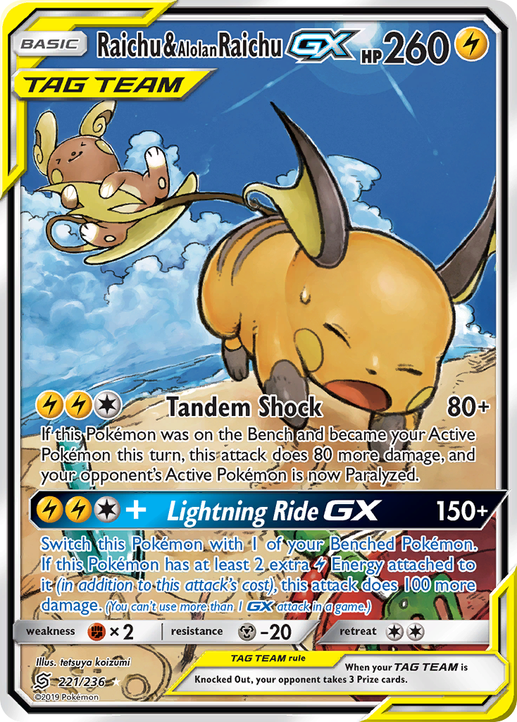 Raichu & Alolan Raichu GX (221/236) [Sun & Moon: Unified Minds] | Shuffle n Cut Hobbies & Games