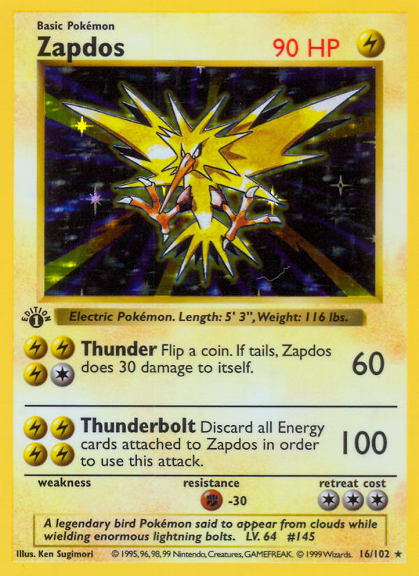 Zapdos (16/102) (Shadowless) [Base Set 1st Edition] | Shuffle n Cut Hobbies & Games