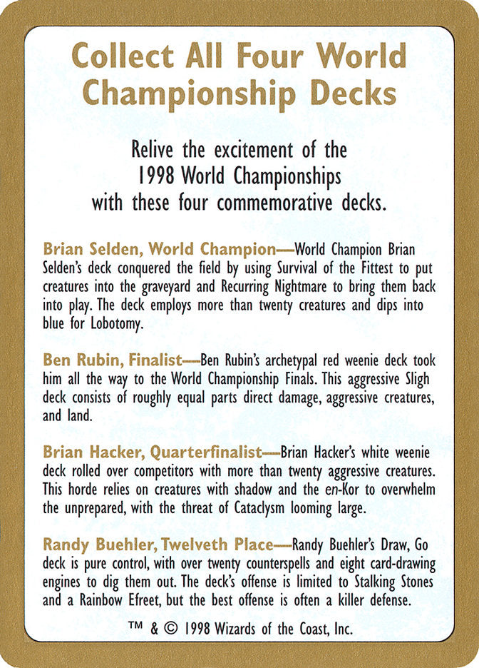 1998 World Championships Ad [World Championship Decks 1998] | Shuffle n Cut Hobbies & Games