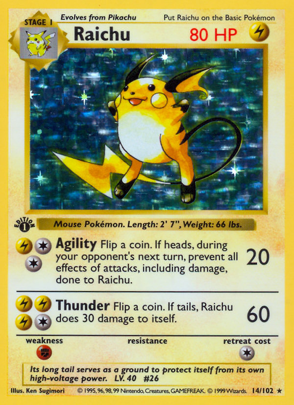 Raichu (14/102) (Shadowless) [Base Set 1st Edition] | Shuffle n Cut Hobbies & Games