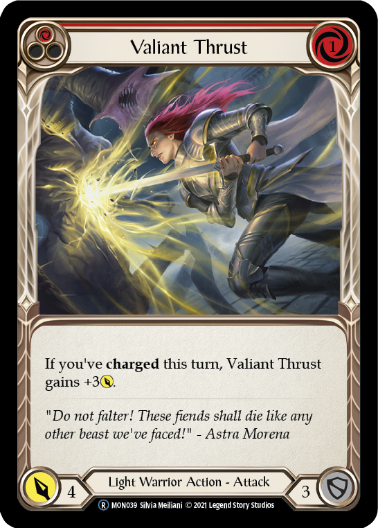 Valiant Thrust (Red) (Rainbow Foil) [U-MON039-RF] Unlimited Edition Rainbow Foil | Shuffle n Cut Hobbies & Games