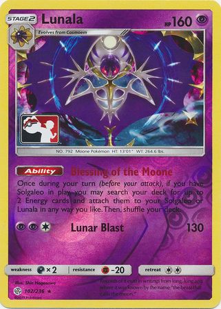 Lunala (102/236) (Pokemon Club Special Print) [Sun & Moon: Cosmic Eclipse] | Shuffle n Cut Hobbies & Games