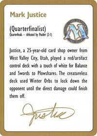 1996 Mark Justice Biography Card [World Championship Decks] | Shuffle n Cut Hobbies & Games