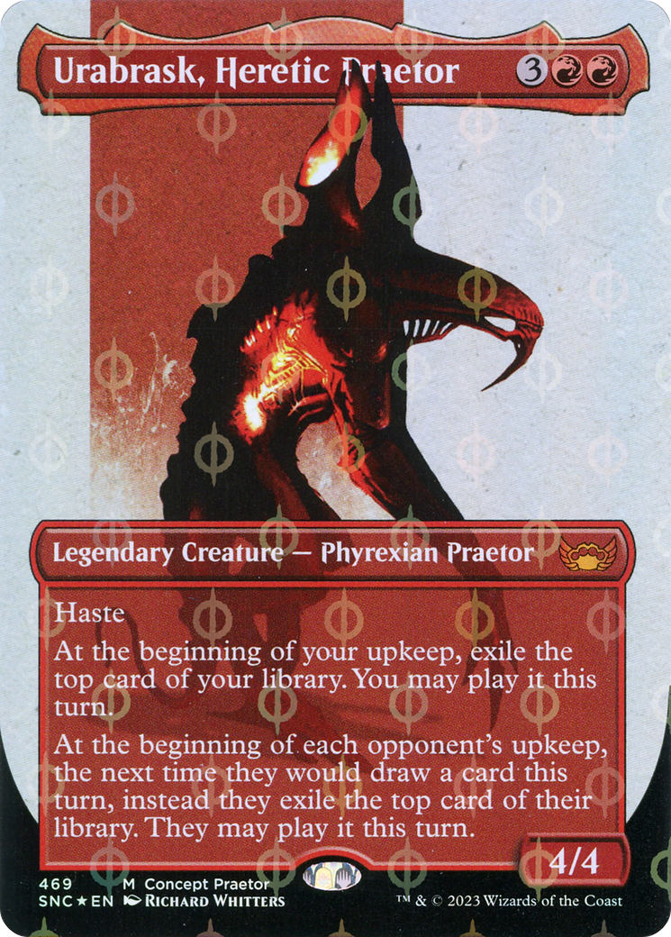 Urabrask, Heretic Praetor (Borderless Concept Praetors Step-and-Compleat Foil) [Phyrexia: All Will Be One] | Shuffle n Cut Hobbies & Games