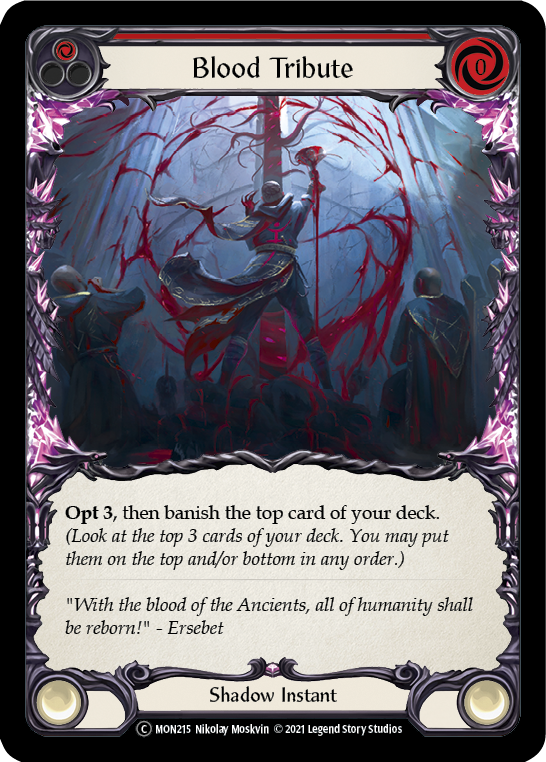 Blood Tribute (Red) (Rainbow Foil) [U-MON215-RF] Unlimited Edition Rainbow Foil | Shuffle n Cut Hobbies & Games