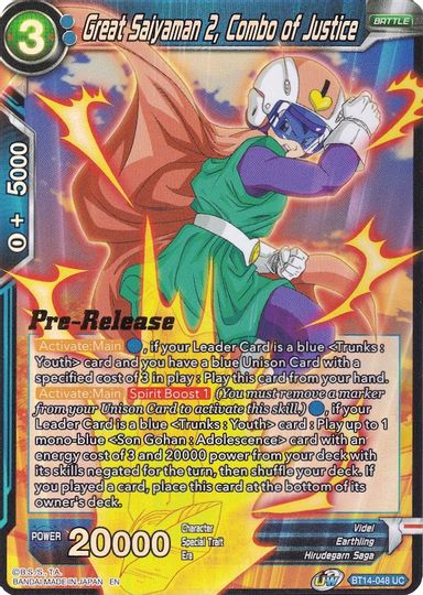 Great Saiyaman 2, Combo of Justice (BT14-048) [Cross Spirits Prerelease Promos] | Shuffle n Cut Hobbies & Games