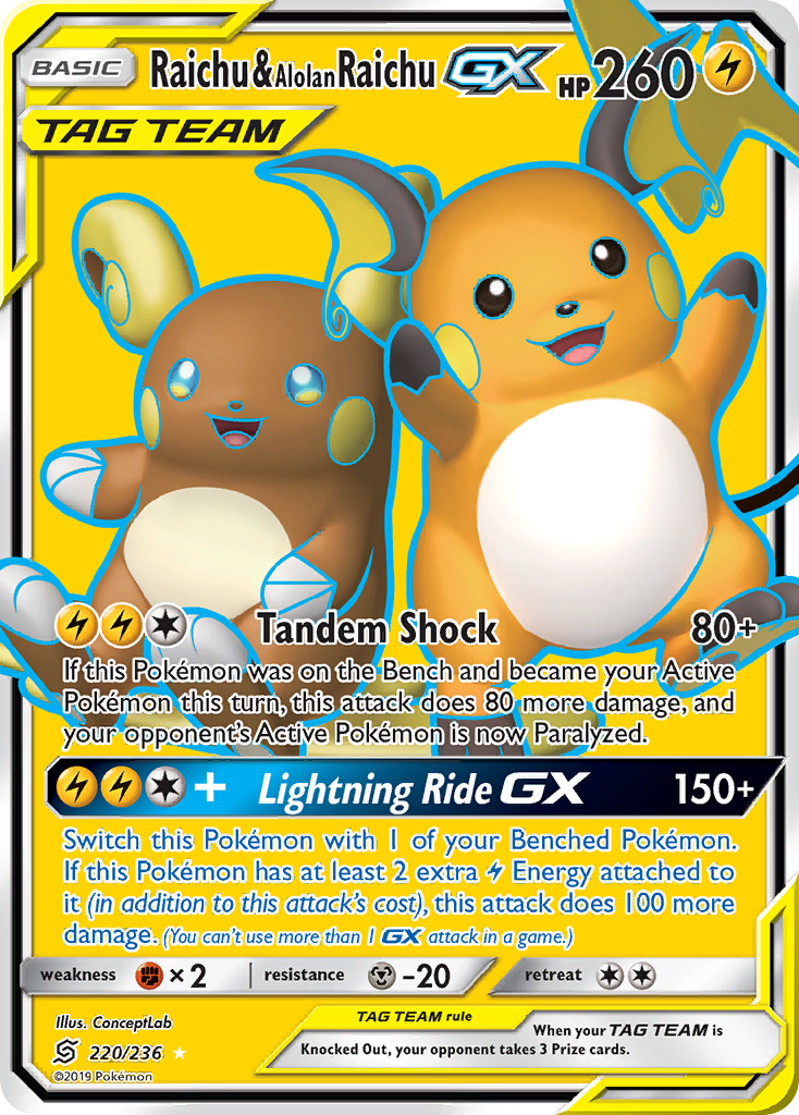 Raichu & Alolan Raichu GX (220/236) [Sun & Moon: Unified Minds] | Shuffle n Cut Hobbies & Games